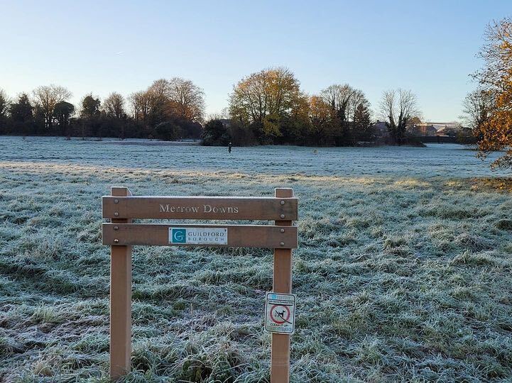 Image of a frosty field in Merrow Downs with a wooden sign reading "Merrow Downs"