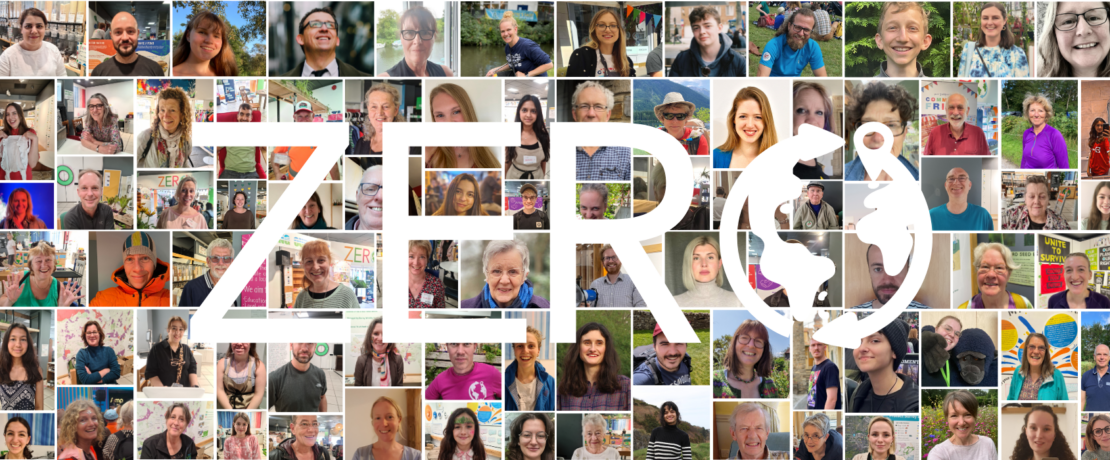 Collage of the volunteers of Zero Carbon Guildford with "ZERO" written across the middle