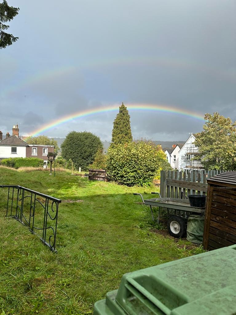 Image of Green Westcott Community Garden. Grey skies with glimpses of sunshine and a rainbow stretching over the garden 